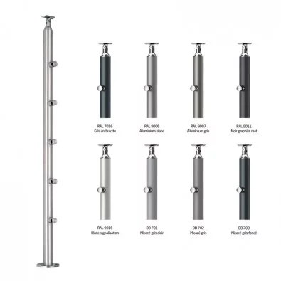 Poteau inox laqué (COULEUR AU CHOIX) de garde corps 5 lisses à la française