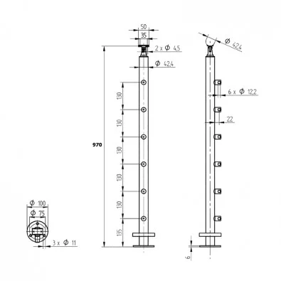 Poteau rond 42,4 mm de garde corps inox 6 lisses pose sur le dessus Poteau rond 42,4 mm de garde corps inox 6 lisses pose sur le dessus