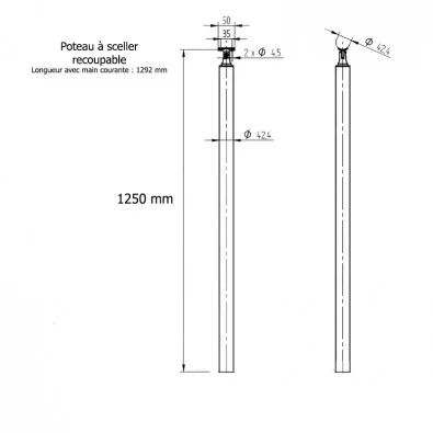 Poteau rond pour rampe escalier inox à sceller dans le béton longueur 1250 mm Poteau rond pour rampe escalier inox à sceller dans le béton longueur 1250 mm