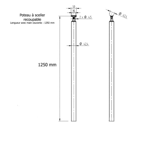 Plan coté du poteau de rampe escalier inox à sceller dans le béton longueur 1250 mm
