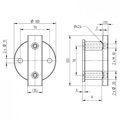 Platine de fixation garde corps à l'anglaise ronde pour tube rond inox, déport 70 mm Platine de fixation garde corps à l'anglaise ronde pour tube rond inox, déport 70 mm