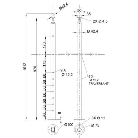 Plan coté du poteau de milieu de garde corps inox 304 brossé remplissage 9 barres ø 12 mm