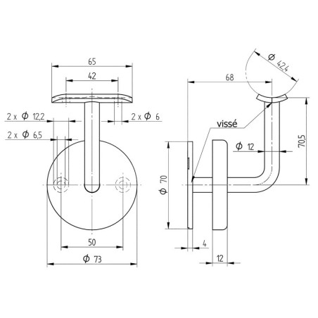 Support mural de main courante ø 42,4 mm avec cache platine ajusté en inox 316 brossé