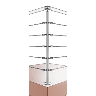 Vu 3D du poteau rond 42,4 mm d'angle à 90° de garde corps inox 5 lisses pose sur le dessus