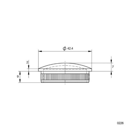 Plan coté du bouchon moleté et bombé diamètre 42,4 mm en inox 316 brossé à frapper