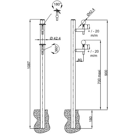 Plan coté du poteau double main courante rampe ERP PMR pose par scellement en inox 304 brossé