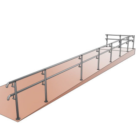 Vue 3D d'ensemble avec poteau double main courante rampe ERP PMR pose au sol en inox 304 brossé
