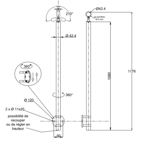 Plan coté du poteau de rampe escalier inox 316 avec BAGUE pose sur le côté à l'anglaise déport 45 mm