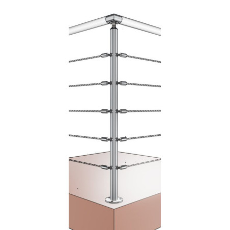 Vue 3D du poteau d'angle à 90° sortant garde corps inox 316 5 cables francaise avec coude main courante 90°
