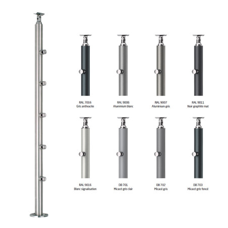 Poteau inox laqué (COULEUR AU CHOIX) de garde corps 5 lisses à la française, inox 316