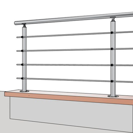 Vue 3D du garde corps sur muret avec poteau de garde corps muret 4 lisses à la française - inox 304