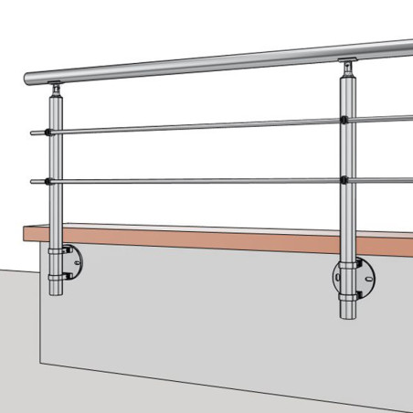 Vu 3D de garde corps avec poteau de garde corps muret 2 lisses à l'anglaise - inox 304
