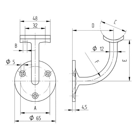 Support mural 3 points de main courante 42,4mm cintré inox 304 brossé