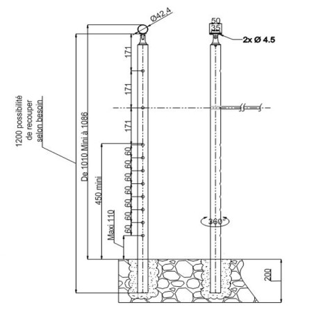 Plan coté du poteau de départ de garde corps inox 304 remplissage 10 barres ø 12 mm à sceller