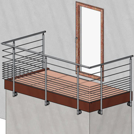 Vue 3D de garde corps avec poteau Milieu Garde Corps Inox 304 SUR MESURE 10 barres anglaise + 15 cm platine à colliers