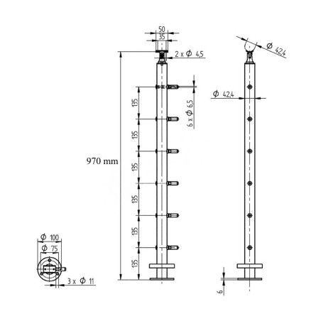 Plan coté du poteau départ de garde corps inox 316 6 câbles avec serre câbles, tendeurs intégrés et cache platine