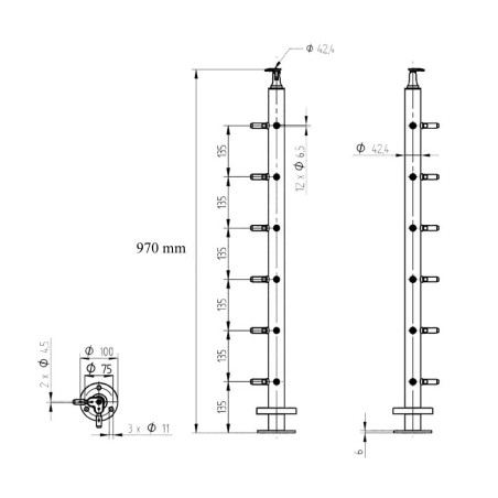 Plan coté du poteau d'angle 90° de garde corps inox 6 câbles laqué RAL 7016 et serre câbles intégrés, cache platine