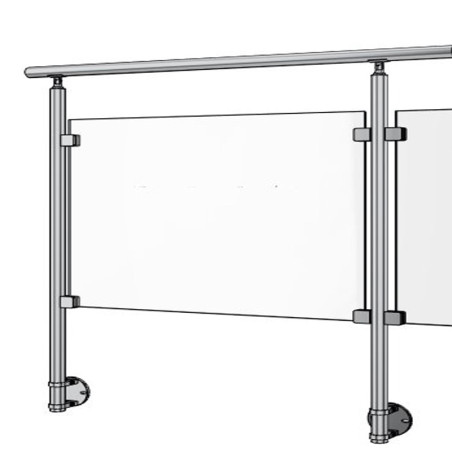 Vue perspective avec poteau Départ Gauche Garde Corps Inox 304 SUR MESURE verre anglaise + 15 cm platine à colliers