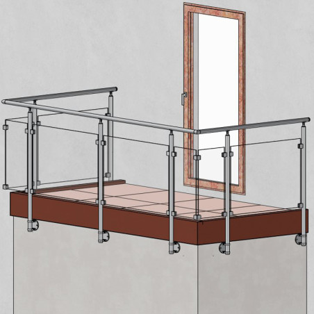 Vue 3D du garde corps avec poteau Départ Droite Garde Corps Inox 304 SUR MESURE verre à l'anglaise + 15 cm platine à colliers