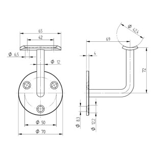 Support mural de main courante ø42,4 mm 3 fixations en inox 304 brossé