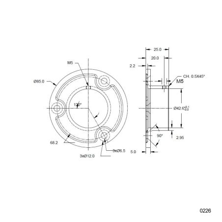 Plan coté du départ mural rond à visser en inox 316 brossé pour tube rond ø 42,4 mm