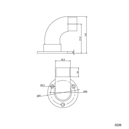 Plan coté de la platine de départ murale à 90° en inox 316 brossé diamètre 42,4 mm