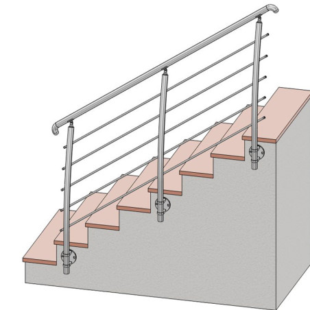 Vue en escalier droit et poteau de garde corps inox Design Pont de Bâteau 5 barres à l'anglaise