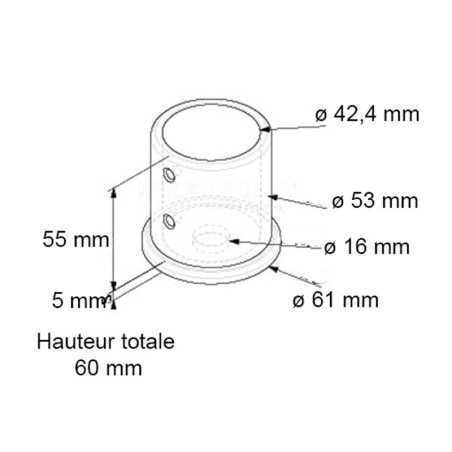 Plan coté de l'embase de poteau garde corps escalier à ancrer sur base plate d'ancien poteau bois, inox 304 brossé