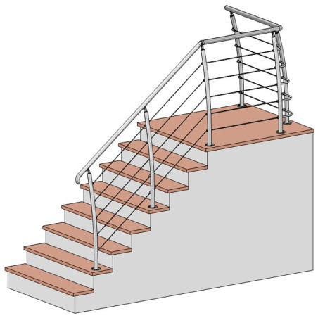 Vie 3D escalier et palier avec le poteau de départ de garde corps inox 316 Design Pont de Bâteau 5 câbles à la française