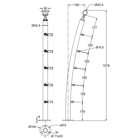 Plan coté 1 du poteau de départ de garde corps inox 316 Design Pont de Bâteau 5 câbles à la française