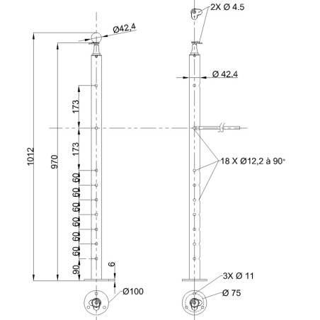 Plan coté du poteau d'angle à 90° de garde corps inox 316 brossé remplissage 9 barres ø 12 mm