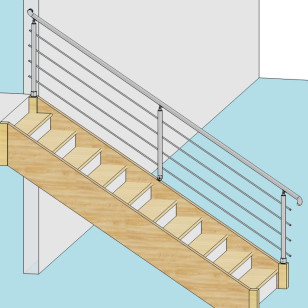 Garde corps escalier sur limon bois, 4 barres, en inox, en kit
