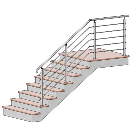 Garde corps d'escalier à 5 lisses en kit à la française, en inox