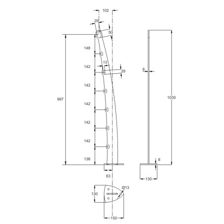 Poteau POUR ESCALIER TROUS OBLONGS de garde corps acier pont de bateau à la française 6 lisses 12 mm main courante 26,9 mM