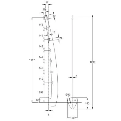 Poteau POUR ESCALIER TROUS OBLONGS garde corps acier pont de bateau à l'anglaise 6 lisses 12 mm main courante 26,9 mm Poteau POUR ESCALIER TROUS OBLONGS garde corps acier pont de bateau à l'anglaise 6 lisses 12 mm main courante 26,9 mm