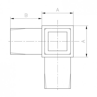 Raccord à 90 degrés 3 départs en inox 316 brossé section 40 x 40 mm Raccord à 90 degrés 3 départs en inox 316 brossé section 40 x 40 mm