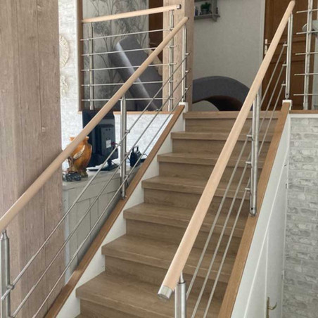 Rambarde escalier sur limon bois, 4 barres, en inox, en kit