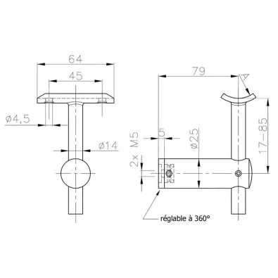 Support mural de main courante ø42,4mm déporté en inox 316 brossé Support mural de main courante ø42,4mm déporté en inox 316 brossé