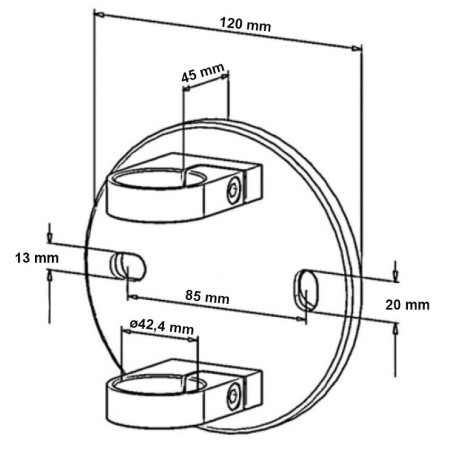 Plan coté de la platine de fixation poteau garde corps à l'anglaise 2 colliers inox 304