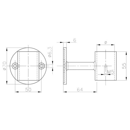 Plan coté du support mural bague de main courante ø42,4mm en inox 316 brossé