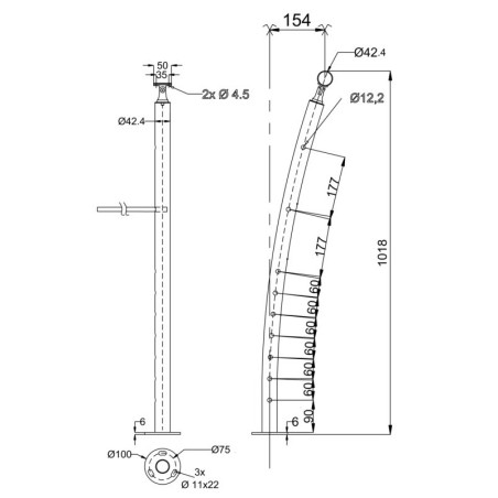 Plan coté 1 du poteau de Départ Droite design Pont de Bateau de garde corps inox 304 brossé 9 barres française