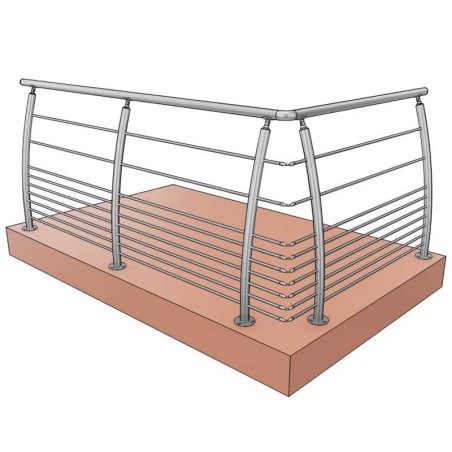 Vue 3D d'angle garde corps avec poteau de Départ Droite design Pont de Bateau de garde corps inox 316 brossé 9 barres française
