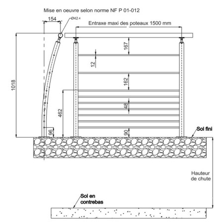 Plan coté 2 du poteau de Départ Droite design Pont de Bateau de garde corps inox 316 brossé 9 barres française