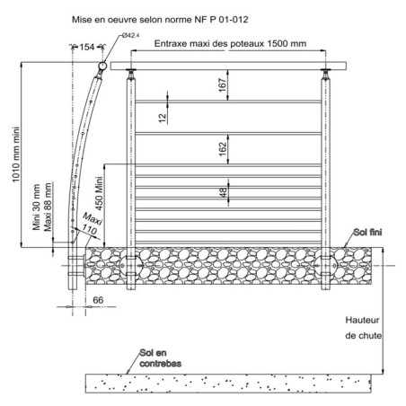 Plan coté 4 du poteau de Milieu Design Pont de Bateau de garde corps inox 304 brossé 10 barres anglaise