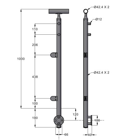 Plan coté du poteau départ gauche pour verre 8,76 mm et 2 barres 12mm inox 316 brossé pose à l'anglaise