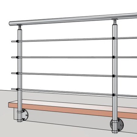 Vue 3D de garde corps avec poteau de garde corps muret 4 lisses à l'anglaise - inox 304