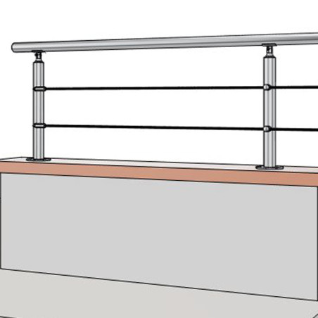 Vue 3D du garde corps sur muret avec poteau de milieu garde corps muret 2 câbles à la française - inox 304