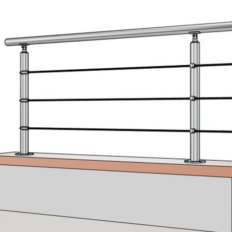 Vue 3D du garde corps sur muret avec poteau de milieu garde corps muret 3 câbles à la française - inox 304