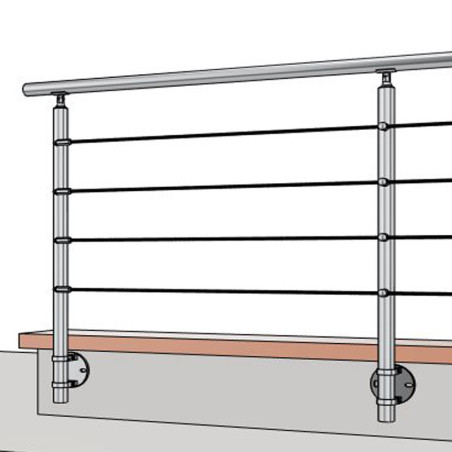 Vue 3D du garde corps avec poteau de garde corps muret 4 câbles à l'anglaise - inox 304