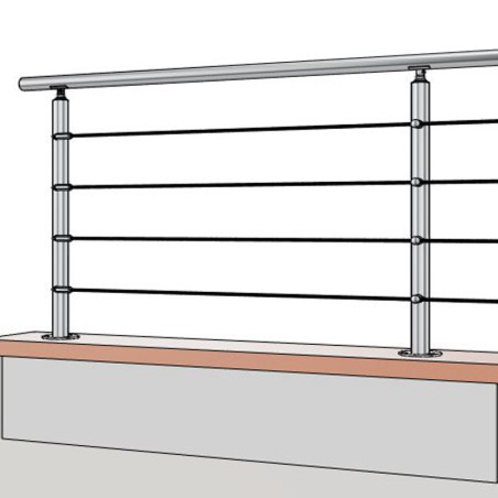 Vue 3D du garde corps sur muret avec poteau de départ garde corps muret 4 câbles à la française avec tendeurs - inox 304